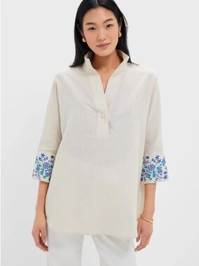 Tuckernuck Tan Floral Cuff Cotton Linen Willow Blouse